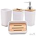 KRALIX Adina 4-Piece Bathroom Accessory Set, Includes Lotion Soap Dispenser, Soap Dish, Tumbler and Toothbrush Holder, White with Bamboo