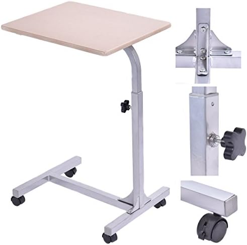 DreamHank Medical Adjustable Overbed Bedside Table Stand Wooden Laptop Table Adjustment Height With Wheels For Hospital and Home Use