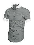 Allegra K Men Short Sleeve Button Down Slim Fit Shirt Top Light Gray M