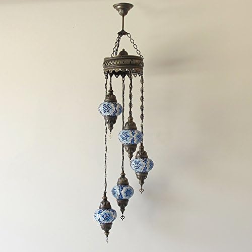 Woodymood Hanging Ceiling Spiral Mosaic Lamps, Handmade, Turkish, Moroccan, Brass&amp;Glass 5 Ball (Blue)