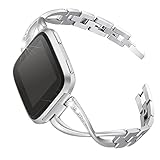 bayite Stainless Steel Bands Compatible Fitbit Versa for Women, Bling Replacement Band Bracelet with Rhinestones Diamond X-Link Accessories Watch Band 5.3