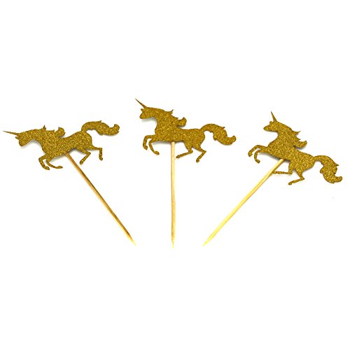 Miraclekoo Golden Glitter Unicorn Cupcake Toppers for Bridal Shower, Wedding Table Cake Decorations, Party Supply Favor Accents, 30 Pack