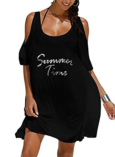 BomDeals Women's Oversized Cover up Baggy T-shirt Swimsuit Beach Dress (Black#2)