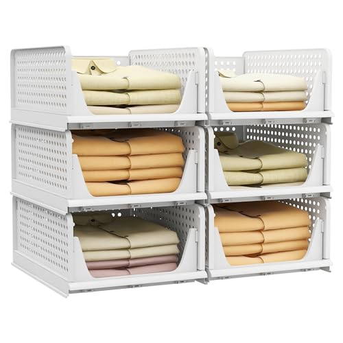 Pinkpum Stackable Plastic Storage Basket-Foldable Closet Organizers and Storage Bins 6 Pack Drawer Shelf Storage Container for Wardrobe Cupboard Kitchen Bathroom Office 6L