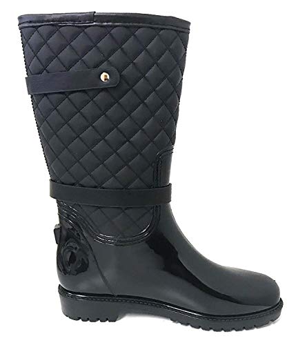 G4U Women's Rain Boots Multiple Styles Color Mid Calf Wellies Buckle Fashion Rubber Knee High Snow Shoes (8 B(M) US, Black-6)