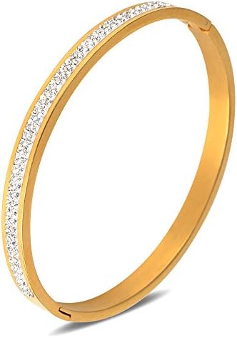 LETS MEETi High Polished Gold Color Stainless Steel Hinged Band Bangle Cubic Zirconia Bracelet for Women Fashion Jewelry