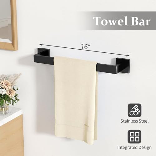 Bathroom Towels Holders Set, 5 Piece Bathroom Hardware Set, 16''Towel Bars, Matte Black Stainless Steel Wall Mounted Towel Racks Set, Towel Ring, Robe Towel Hooks, Toilet Paper Holder with Phone Shelf