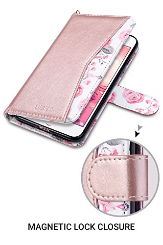 iPhone 8 Plus Case, iPhone 7 Plus Wallet Case, ULAK Floral PU Leather Wallet Case with Kickstand Card Holder ID Slot and Hand Strap Shockproof Rubber Cover for Apple iPhone 7 Plus/8 Plus, Rose Gold