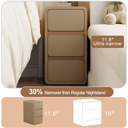 AQIMUELE Small Bedside Table Slim Bedside Table with 3 Drawers, Narrow Side Table Assembled with Leather Surface for Bedroom, 30cm (Khaki)