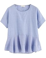 SheIn Women's Loose Ruffle Hem Peplum Short Sleeve Blouse Top One-Size Blue