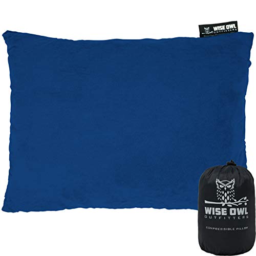 Wise Owl Outfitters Camping Pillow Compressible Foam Pillows - Use When Sleeping in Car, Plane Travel, Hammock Bed & Camp - Adults & Kids - Compact Small & Large Size - Portable Bag - MD Blue