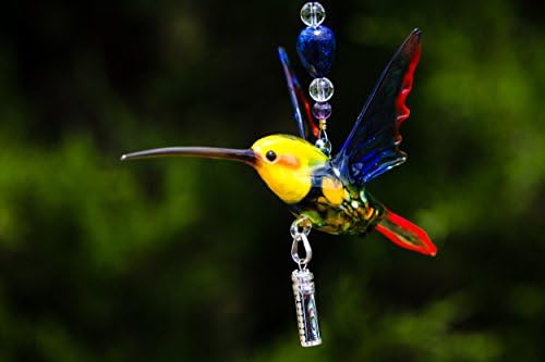 8" Hanging Collectible Murano Glass Yellow Headed Hummingbird Ornament with Silver Keepsake Pendant for Ash - Sympathy Gift