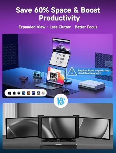 FlipGo Pro 15.6" Extension Triple d’Écran pour Ordinateur Portable, 1080P Double Moniteur pour PC Portable pour Windows/macOS(Pilote requis), Connexion Via Un Seul câble/Design Magnétique