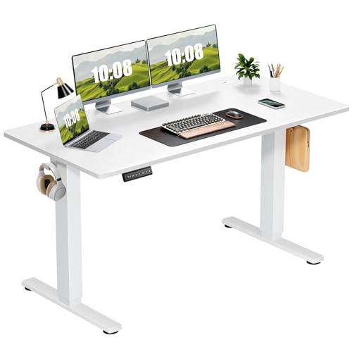 Photo 1 of Sweetcrispy Electric Adjustable Height Standing Desk - 55 x 24 inch Sit to Stand Up Desk with Splice Board, Rising Home Office Computer Table with 2 Hook and Wire Hole for Work