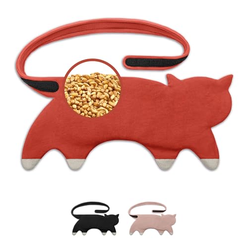Leschi 10 Kammer Körnerkissen Für Mikrowelle - Wärmekissen Aus 100% Bio Baumwolle &Amp; Bio Weizen - Ideal Als Natürliche Hilfe Bei Bauch- Und Regelschmerzen - Katze, Rot