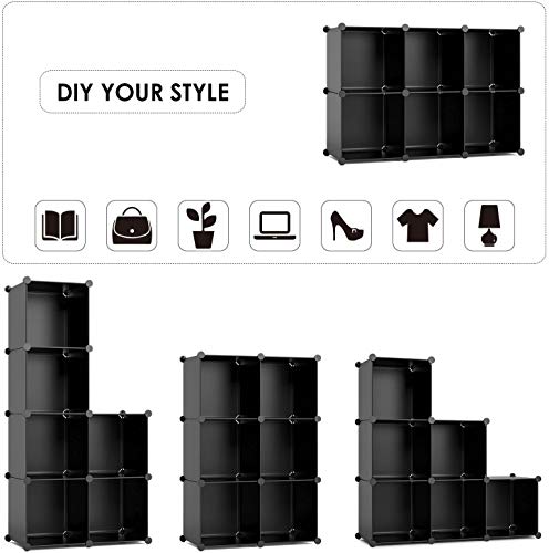 GuanJun Storage Organizer 6 Cubes,Modular Shelves, DIY Plastic Closet Cabinet,Storage Shelves for Bedroom, Living Room, Office, Black with Rubber Hammer (Black, 6 Cube)