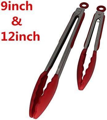 FOOD TONGS 2 IN 1, (9 & 12 in), Stainless Steel, Ergonomic Design w/ Locking Feature. Kitchen, BBQ, Frying, Serving and More (Cherry Red).
