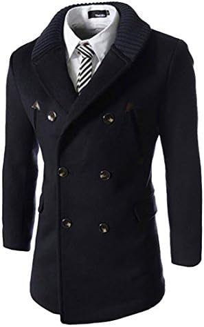 XQS Men Lapel Double-Breasted Slim Fit Wool Pea Trench Coat