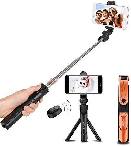 Bluetooth Selfie Stick with Tripod, 360ยฐRotation Detachable Bluetooth Remote Control Extendable Monopod Mini Pocket Wireless Selfie Stick Works with iPhone Samsung and Other Smartphones (Black orange)