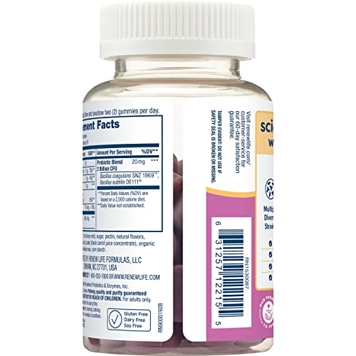 RENEW LIFE WOMEN’S CARE CHERRY PREBIOTIC AND PROBIOTIC GUMMIES, DIGESTIVE, URINARY TRACT AND IMMUNE HEALTH, B. COAGULANS AND B. SUBTILIS, DAIRY, SOY AND GLUTEN-FREE, 2 BILLION CFU 48 COUNT