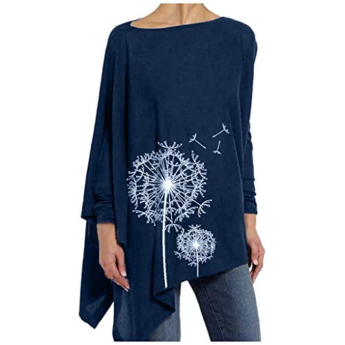 Lutos Women Round Neck Long Sleeve Taraxacum Print Asymmetrical Hemline Shirt Tops Navy