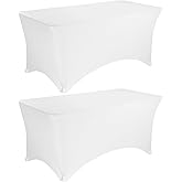 JALANCY 2 Pack 6FT Spandex Table Covers Washable Wrinkle Resistant Stretch Fitted Rectangle Tablecloth for Folding Table Wedding Party Birthday Banquet Bar Events（White）