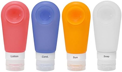 4 Pack Portable Silicone Travel Bottles Strong Suction Cup Leak Proof, with Facial Brush and Toothbrush Case Covers, FDA Certificated Pack P1