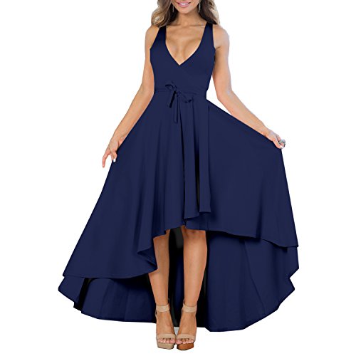 YS.DAMAI Women's Sexy V Neck Sleeveless High Low Hem Elegant Wrap Dress Cocktail Evening Party Dresses (X-Large, Dark Blue)