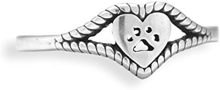 Sterling Silver Heart and Dog Paw Print Ring with Roped Edging (size 10)