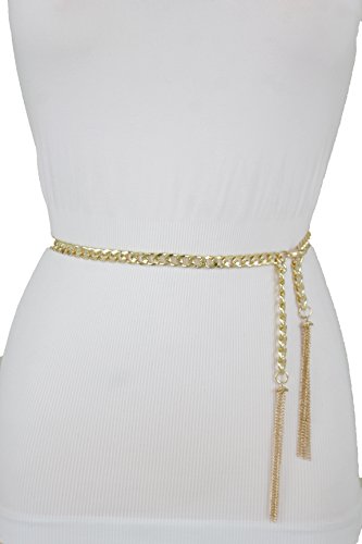 TFJ Women Fashion Belt Skinny Metal Chain Fringes Wrap Around XS S Gold