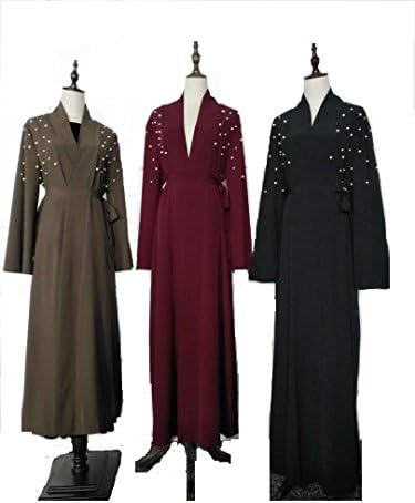 Women's front open Abaya with Pearls beaded, Plus size. (Medium, Red)