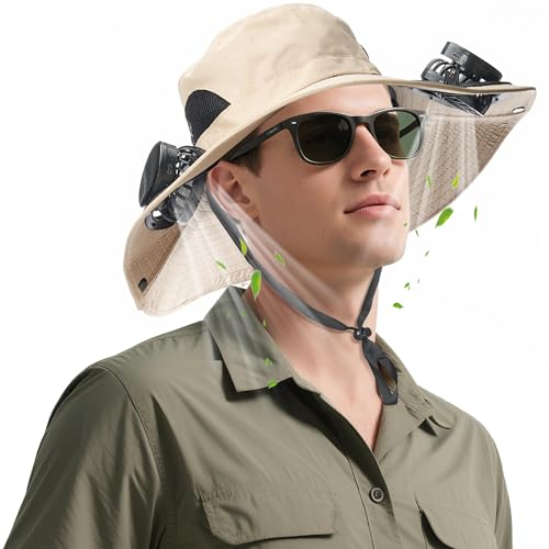 Solar Fan Sun Hat for Men Wide Brim Hat Outdoor Sun Cap with 2 Solar Fan Fishing Hat, UPF 50+, Removable & USB Charging