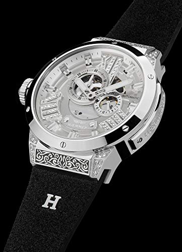 HMMER-Damen-Armbanduhr-Analog-Automatik-mit-20mm-Armband-aus-Kalb-Nubukleder-SilberSchwarz-GL-200