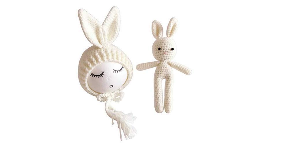 Matissa Newborn Baby Crochet Knit Costume Photography Prop Baby Bunny Hat and Doll Set (White)