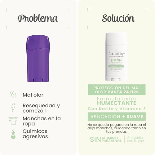 NaturalDry - Piel Sensible para toda la familia- Desodorante natural SIN Bicarbonato de Sodio - Para hombre y mujer - No obstruye los poros - Sin Aluminio - Sin Parabenos - Elimina el mal olor - Limón - Deodorant en barra (1 unidad)