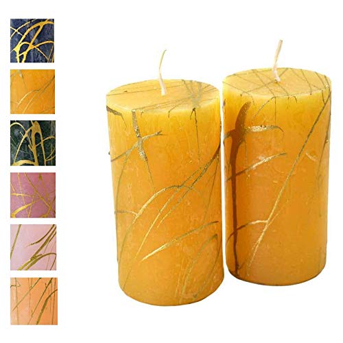 Advent Candles with Golden Pattern - Pack of 2 - Rustic Surface - Candles/Pillar Candles - Christmas/Christmas Wreath/Advent Wreath (Mustard, Height: 11 cm / Diameter 6 cm - Pack of 2)