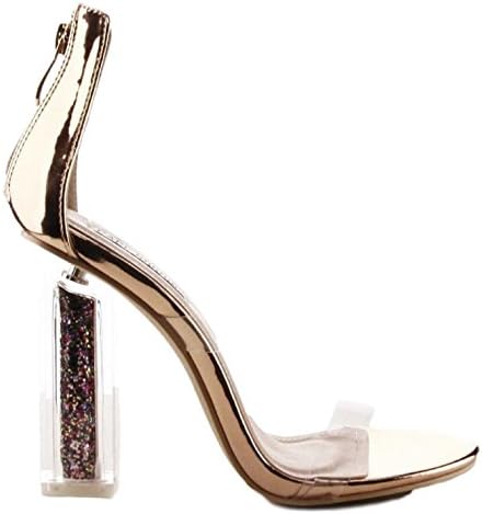 X2B Alora-1 Lucite Clear Perspex Glitter Block Heel Open Peep Toe Sandal Shoe Rose Gold 8.5