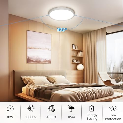 NIBSHOOM Plafoniera LED Soffitto, IP44 Lampadario Soffitto 18W, 4000K Lampada Luce Moderna per Camera da Letto, Bagno, Cucina, Soggiorno, Ufficio, Balcone, Bianco Naturale, Ø22cm