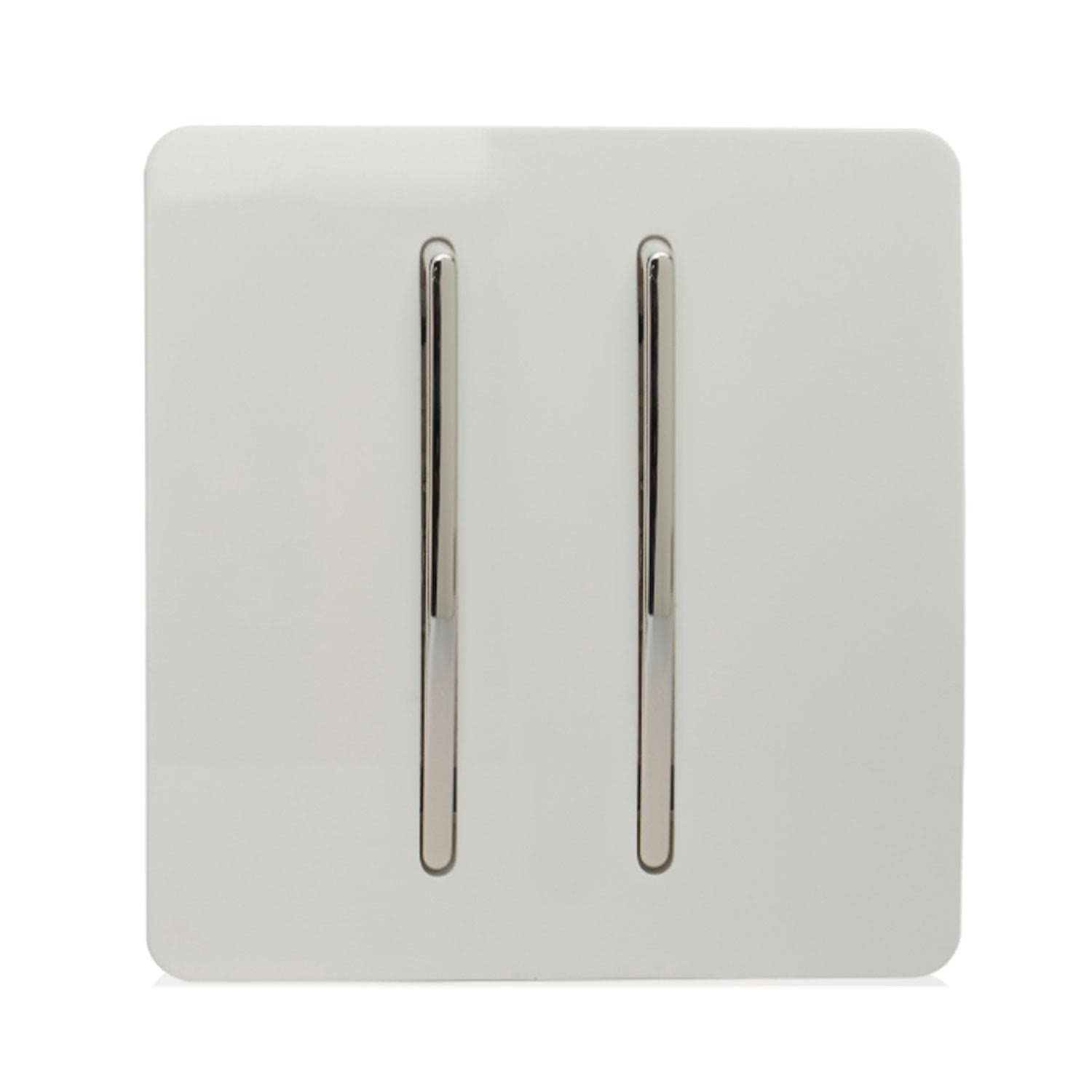 Trendi 2 Gang (2 Way & 3 way Intermediate) 240V Screwless Raised Front Plate Plastic Artistic Modern Glossy 10 Amp Chrome Rocker Double Electrical Wall Light Switch Ice White - ART-SS29WH