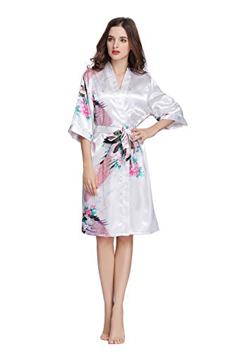 Amzchoice Women's Short Sleeve Kimono Robe Peacock & Blossoms for Spa, Wedding Bridal and Bridesmaid (M, White)
