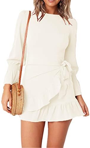 Womens Long Sleeve Round Neck Ruffles Wrap Dresses Party Dress
