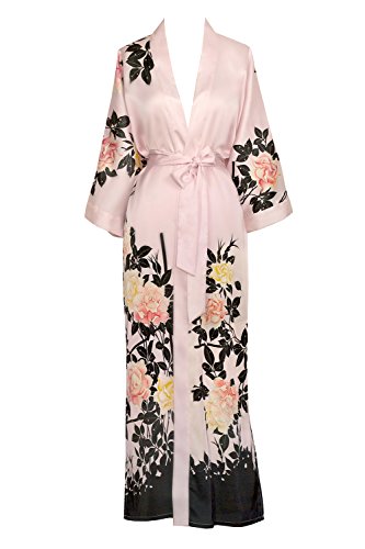 Old Shanghai Women's Kimono Robe Long - Watercolor Floral, blush rose-pink