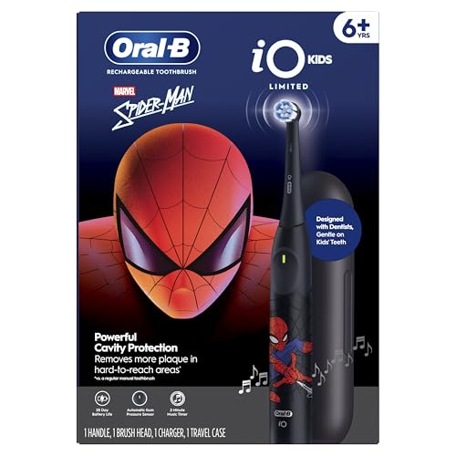 ORAL-B IO KIDS LIMITED RECHARGEABLE ELECTRIC POWERED TOOTHBRUSH, SPIDERMAN WITH 1 GENTLE CARE BRUSH HEAD – AUTOMATIC PRESSURE SENSOR TO PROTECT GUMS – 3 CLEANING SETTINGS – 2 MIN MUSIC TIMER