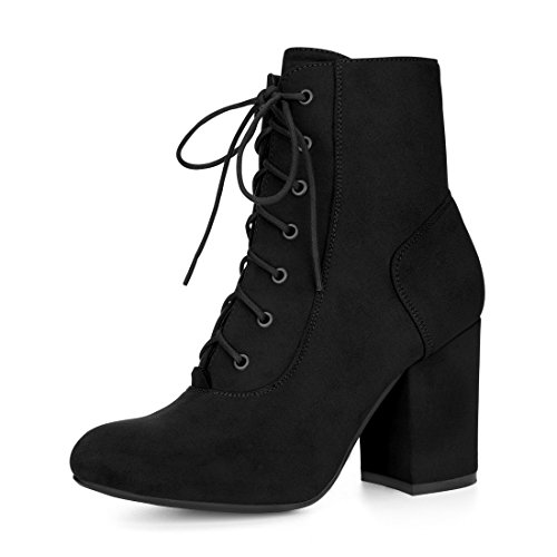 Allegra K Women's Rounded Toe Chunky High Heel Lace Up Booties (Size US 6) Black