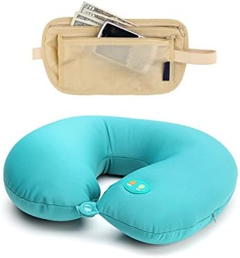 Travel Vibrating Neck Pillow Turquoise with Travel Pouch Hidden Passport ID Holder Compact Security Money Waist Belt Bag
