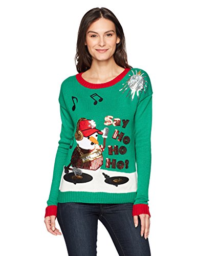 Blizzard Bay Women's L/s Crew Neck Dj Snowman Pullover, Green, XL