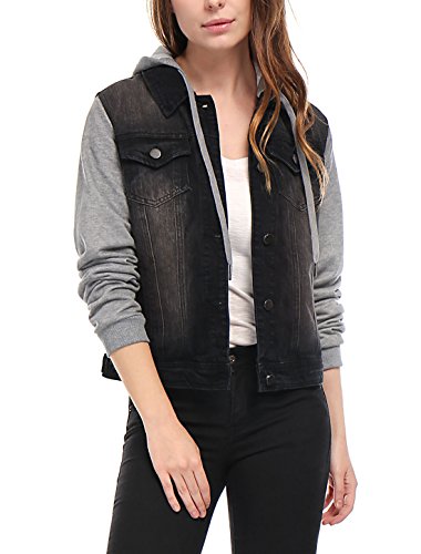 Allegra K Women Layered Drawstring Hood Denim Jacket w Pockets L Black