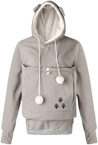 Kingdilor Women Pullover Fleece Hoodies Pet Holder Cat Dog Kangaroo Pouch Carriers Sweatshirt S-3XL (XL, Grey)