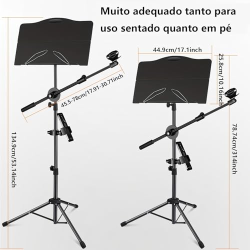 VEDO suporte de partitura é dobrável, possui suporte removível para microfone e telefone, é um dispositivo portátil e leve, com prendedor de partitura e bolsa para transporte de instrumentos musicais.