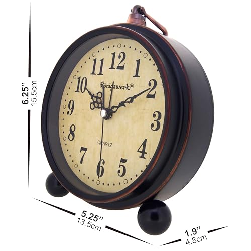 Königswerk Vintage Analog Alarm Clock, 5.25 inch Small Silent Desk Clock with Night Light, Battery Operated for Table, Bedroom, Bedside, Living Room, Room Decor (Classic)